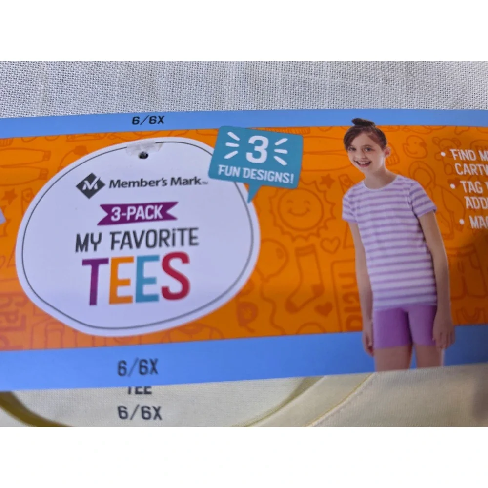 Members Mark Girls 3 Pack My Favorite Tees Butterfly Striped Shirts Size 6 6X